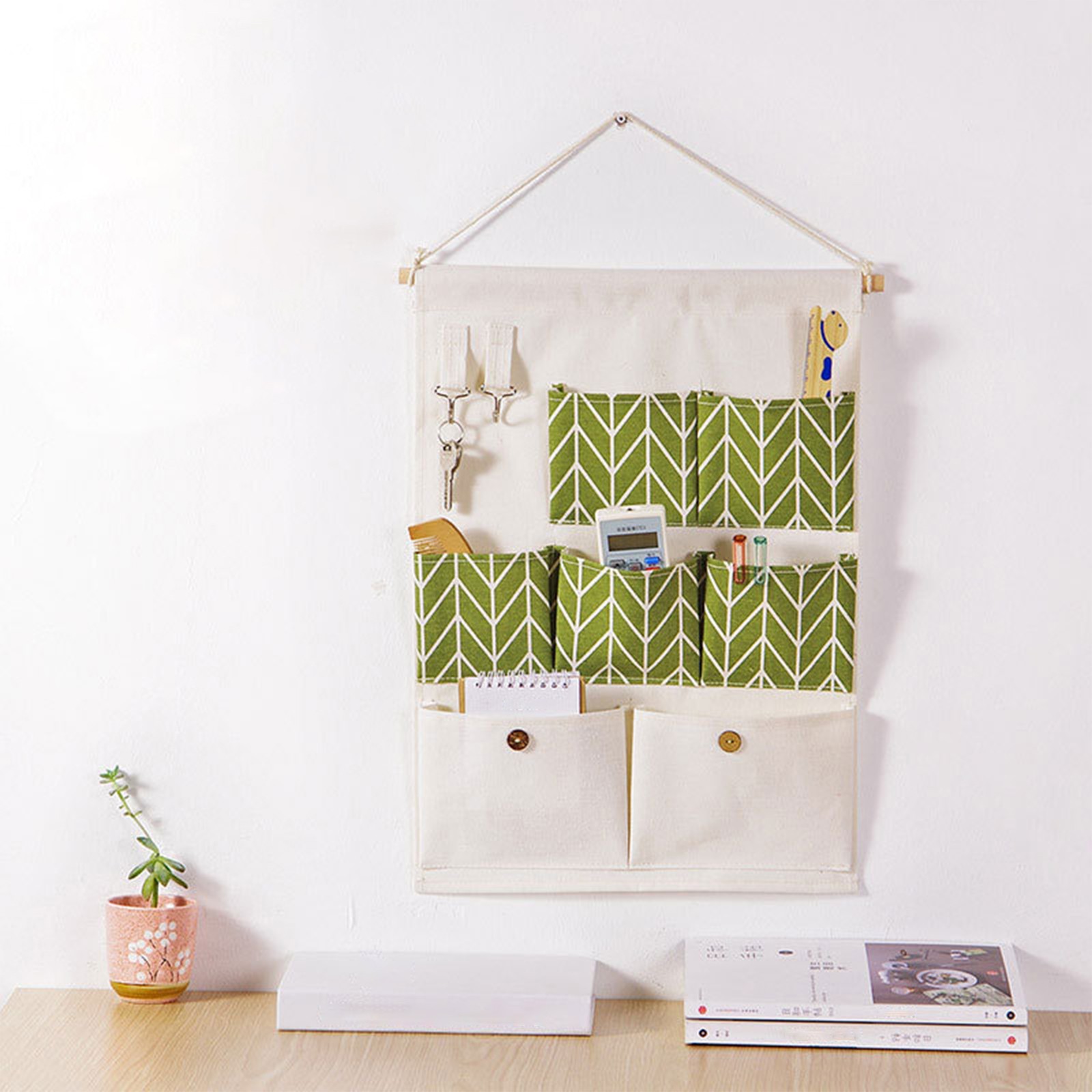 HOZVOMI Multi-Layer Hanging Storage Bags - Wall Mounted Mesh Pocket Organizer, Behind Door Sundry Clothes Holder for Home, Closet \u0026 Office - Green Cotton Fabric, Breathable \u0026 Durable